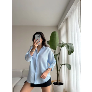 Gofre Kumaş Oversize Gömlek - MAVİ