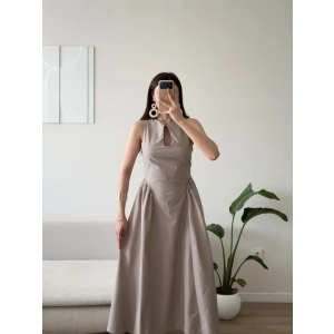 Göğüs Pencere Keten Premium Elbise - BEJ