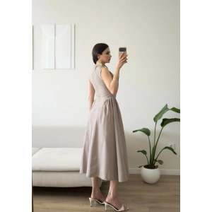 Göğüs Pencere Keten Premium Elbise - BEJ