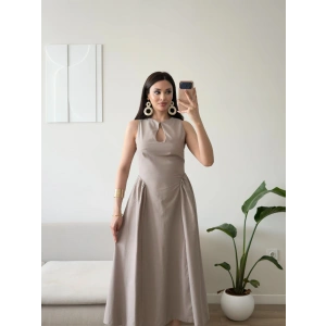 Göğüs Pencere Keten Premium Elbise - BEJ