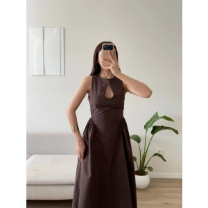Göğüs Pencere Keten Premium Elbise - KAHVE