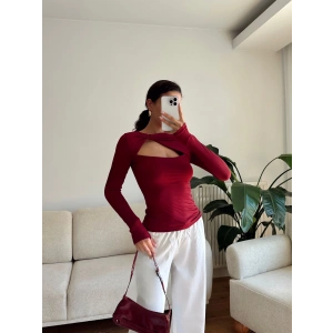 Göğüs Pencere Kruvaze Bluz - BORDO