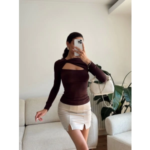 Göğüs Pencere Kruvaze Bluz - KAHVE