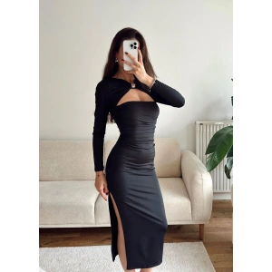 Göğüs Pencere Yırtmaçlı Elbise - SİYAH