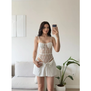 Güpürlü Bel Korse Bodysuit - BEYAZ