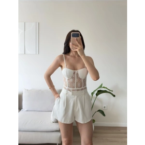 Güpürlü Bel Korse Bodysuit - BEYAZ