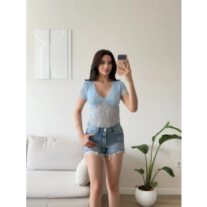 Güpürlü V Yaka Bodysuit - MAVİ