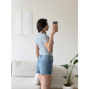 Güpürlü V Yaka Bodysuit - MAVİ