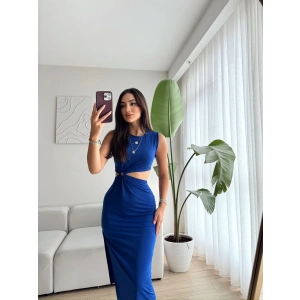 Halka Detay Bel Dekolte Kolsuz Elbise-MAVİ