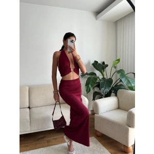 Halka Detay Boyun Bağlamalı Elbise - BORDO