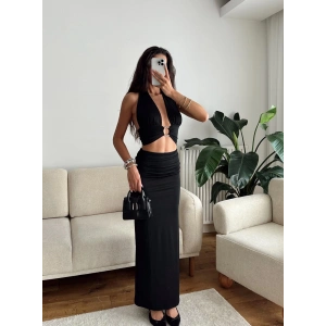 Halka Detay Boyun Bağlamalı Elbise - SİYAH