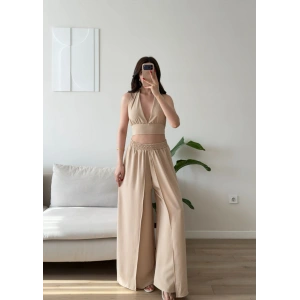 Halter Crop Palazzo Takım - BEJ