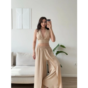 Halter Crop Palazzo Takım - BEJ