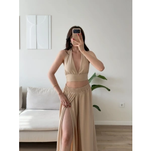 Halter Crop Palazzo Takım - BEJ
