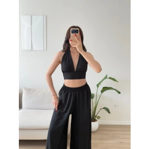 Halter Crop Palazzo Takım - SİYAH