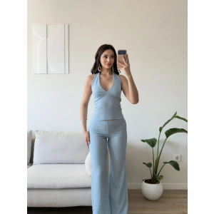 Halter Crop Pantolon Takım - MAVİ