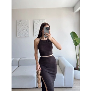 Halter Crop & Yırtmaçlı Takım - KAHVE