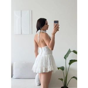 Halter Dantel Korseli Mini Elbise - BEYAZ