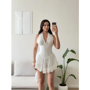 Halter Dantel Korseli Mini Elbise - BEYAZ