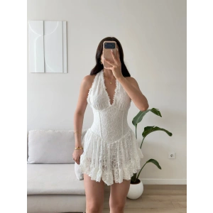 Halter Dantel Korseli Mini Elbise - BEYAZ