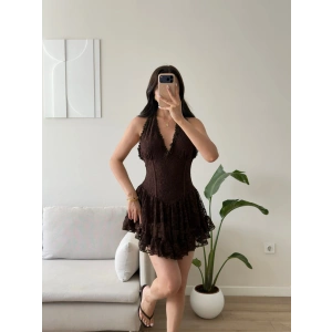 Halter Dantel Korseli Mini Elbise - KAHVE