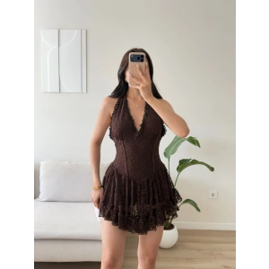 Halter Dantel Korseli Mini Elbise - KAHVE