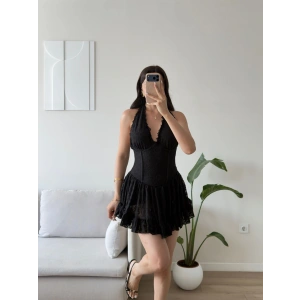 Halter Dantel Korseli Mini Elbise - SİYAH
