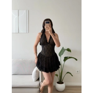 Halter Dantel Korseli Mini Elbise - SİYAH