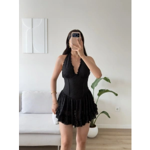 Halter Dantel Korseli Mini Elbise - SİYAH