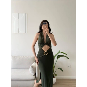 Halter Göbek Pencere Aksesuar Elbise - HAKİ