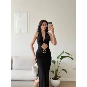 Halter Göbek Pencere Aksesuar Elbise -  SİYAH