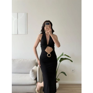 Halter Göbek Pencere Aksesuar Elbise - SİYAH