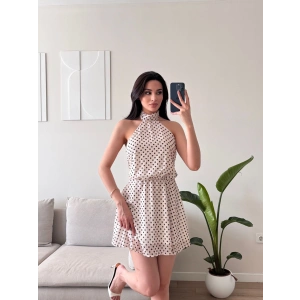 Halter Puantiyeli Mini Elbise - BEYAZ