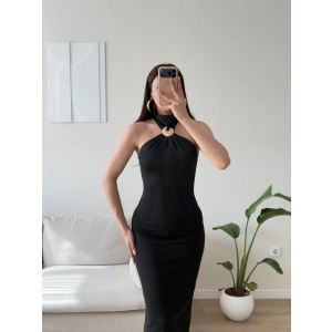 Halter Yaka Aksesuar Elbise - SİYAH