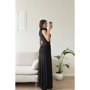 Halter Yaka Bel Drape Yırtmaçlı Elbise - SİYAH
