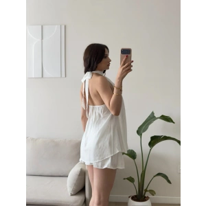 Halter Yaka Etekli Keten Takım - BEYAZ