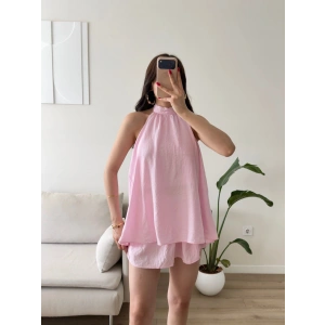Halter Yaka Etekli Keten Takım - PEMBE
