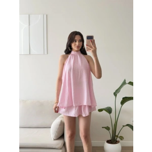 Halter Yaka Etekli Keten Takım - PEMBE