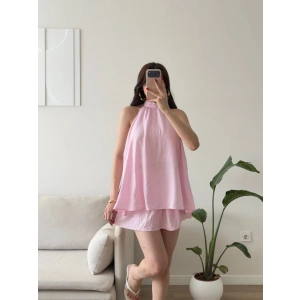 Halter Yaka Etekli Keten Takım - PEMBE