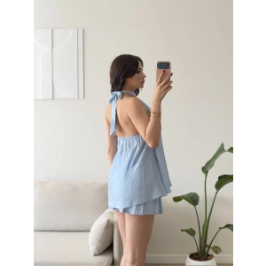 Halter Yaka Etekli Keten Takım - MAVİ