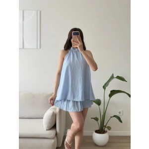 Halter Yaka Etekli Keten Takım - MAVİ