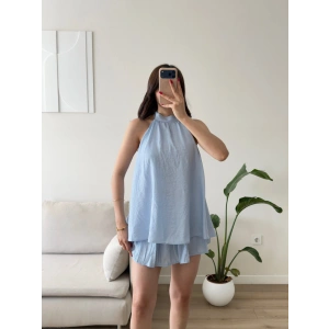 Halter Yaka Etekli Keten Takım - MAVİ