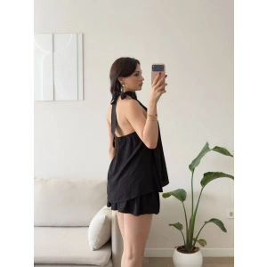 Halter Yaka Etekli Keten Takım - SİYAH