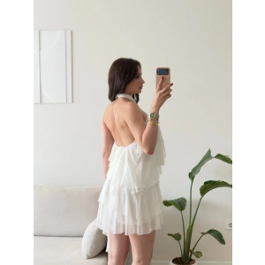 Halter Yaka Fırfırlı Şifon Elbise - BEYAZ