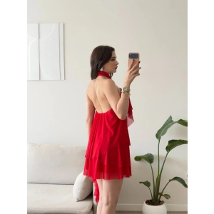 Halter Yaka Fırfırlı Şifon Elbise - KIRMIZI