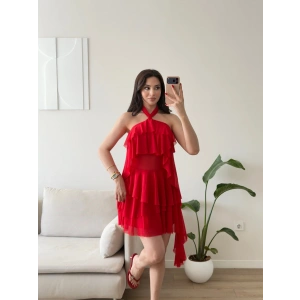 Halter Yaka Fırfırlı Şifon Elbise - KIRMIZI