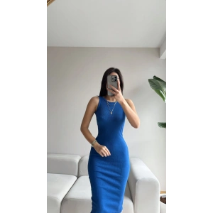 Halter Yaka Kaşkorse Basic Elbise- MAVİ
