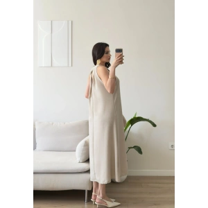 Halter Yaka Keten Elbise - BEJ