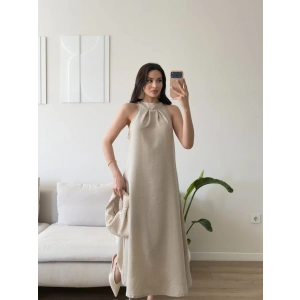 Halter Yaka Keten Elbise - BEJ