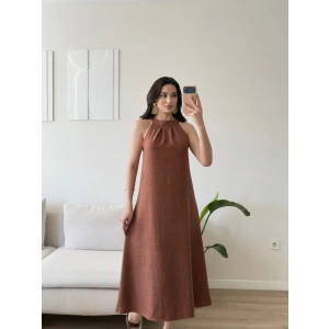 Halter Yaka Keten Elbise - KAHVE
